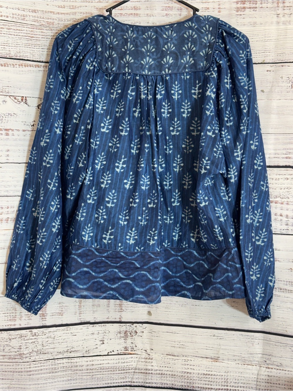 Fahrety Top Womens size Small Boho Indigo Printed Peasant Tunic with Tassel Tie - Picture 5 of 11